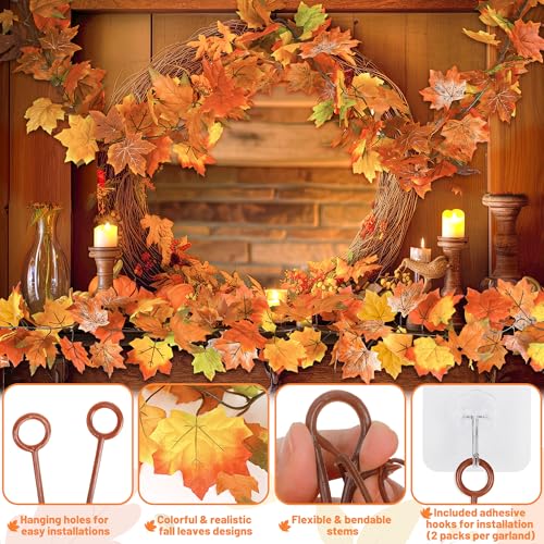 Artificial Fall Maple Leaf Garland - 2 Pack 11.8ft Autumn Decor with Hooks