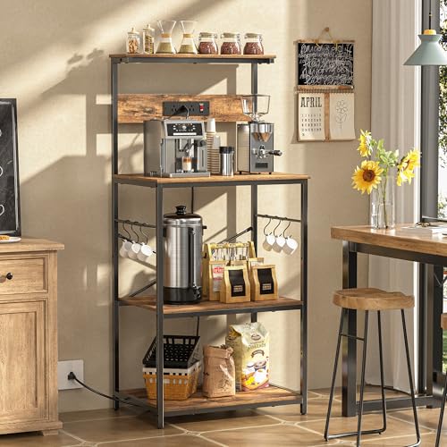 4-Tier Kitchen Bakers Rack with Power Outlet and Storage, Rustic Brown