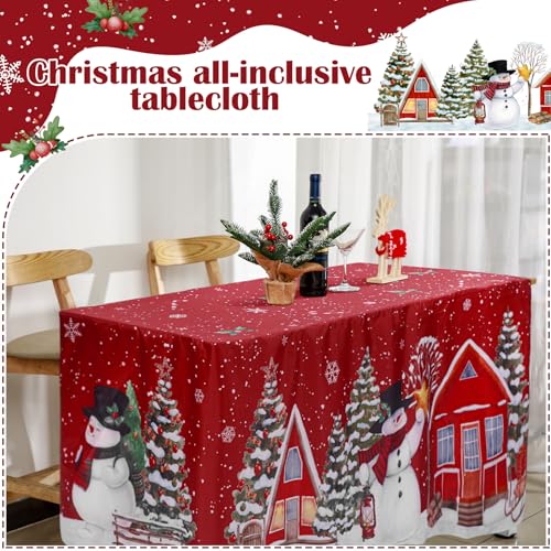 VitalCozy 72x30 Inch Christmas Rectangle Fitted Tablecloth – Winter Snowman Variation