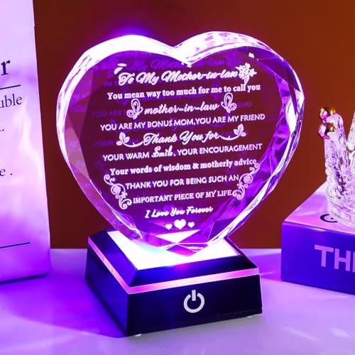 Mother-in-Law Birthday Gift with Colorful LED Base - Style 1 + LED - Heart Crystal Keepsake