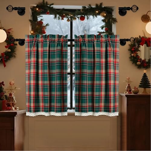 28x36 Inch Green & Red Scottish Tartan Lace Trim Tier Curtains Pack of 2 - Rustic Gingham Cafe Half Small Windows