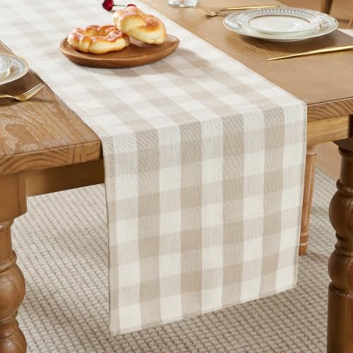 POSEAT Beige Gingham Table Runner 13x108 Inches - Classic Farmhouse Decor