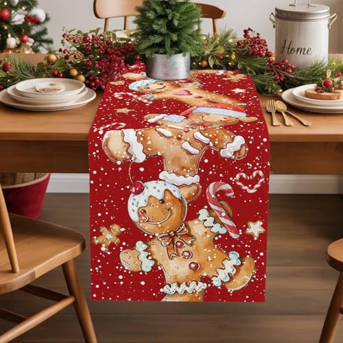 Christmas Gingerbread Man Table Runner 13x36 Inch Holiday Decor for Dining & Party