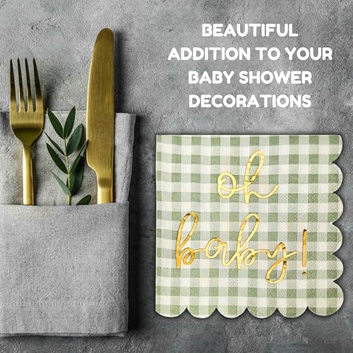 Sage Green and Gold Foil Baby Shower Napkins - 50 Pack 'Oh Baby' Decorations
