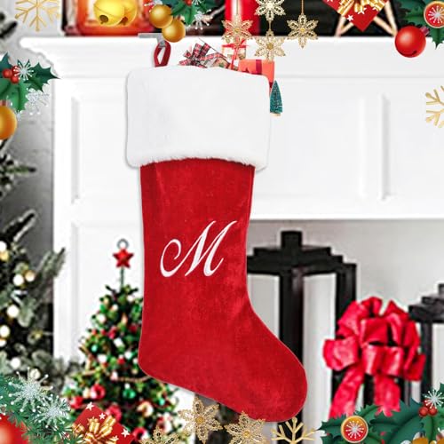 20-Inch Personalized Letter Christmas Stocking Red Plush Holiday Decor