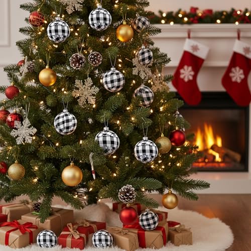 Tatuo 12 Pieces Christmas Buffalo Balls Bowl Filler Buffalo Check Ball Plaid Ornaments Decor Fabric Wrapped Balls Xmas Holiday Gingham Bowl for Fall Thanksgiving Home Decoration