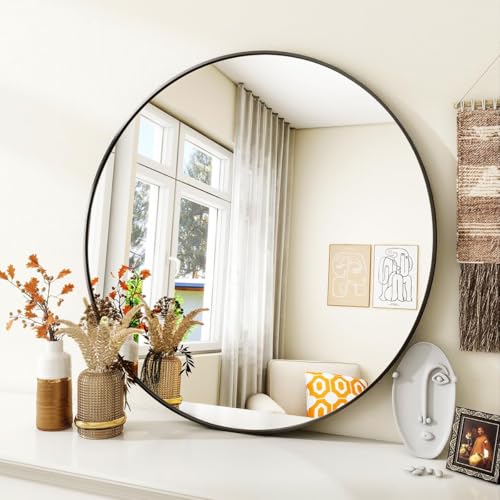30-Inch Round Bathroom Mirror, Black Metal Frame Wall Mirror