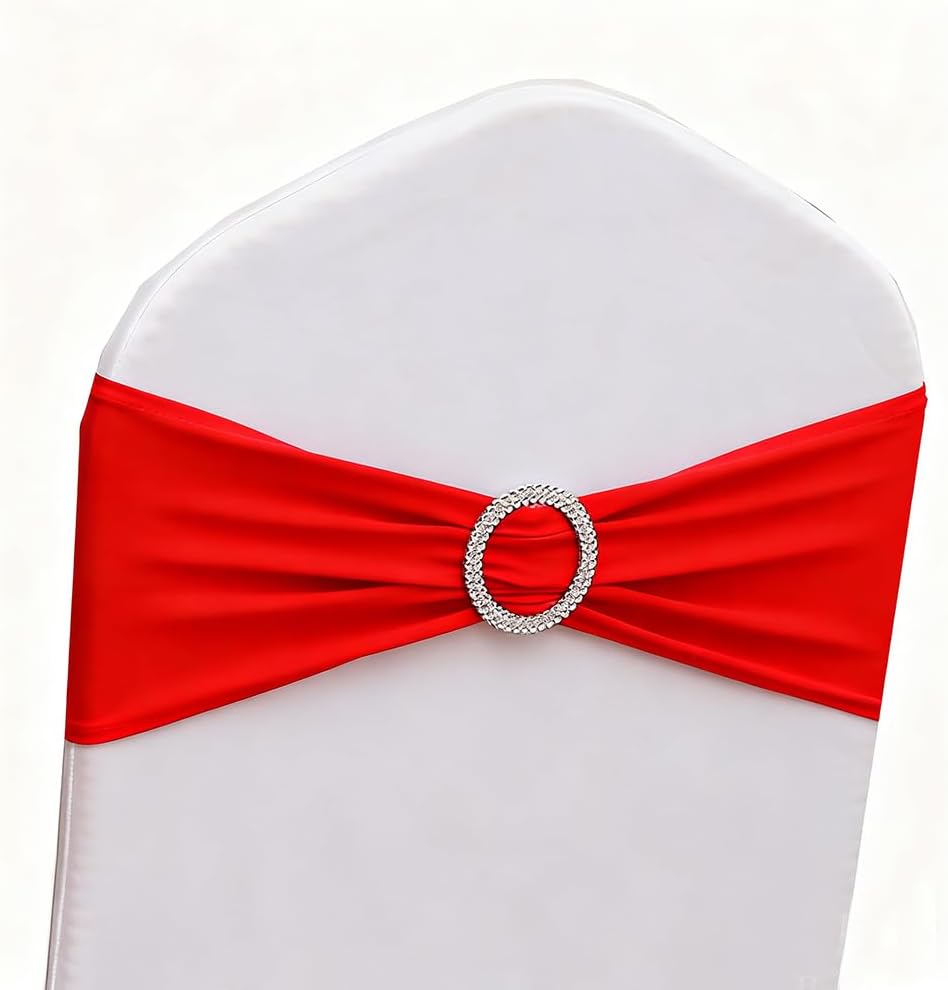 Red Chair Sashes 50 Pack | Spandex Chair Bands for Wedding & Party Decor - Elegant Red