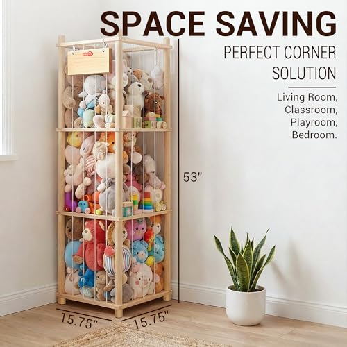 3-Tier Solid Wood Stuffed Animal Storage & Corner Plush Toy Organizer
