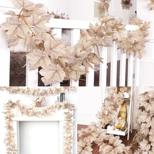 2-Pack Artificial Muted White Maple Leaf Garland 6ft - Neutral Fall Decor