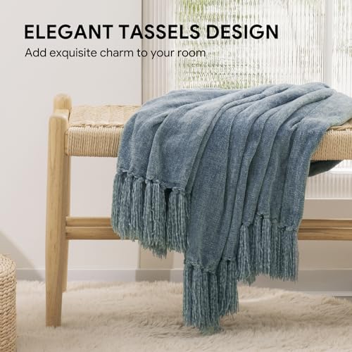 Chenille Throw Blanket 50x60, Soft Lightweight Knit with Fringe Tassels