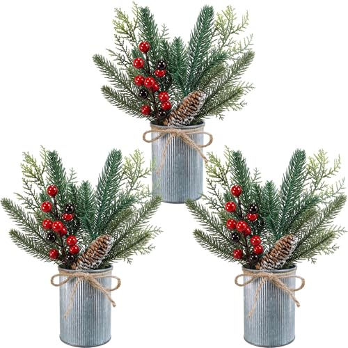 Winlyn 3-Pack Artificial Christmas Potted Plants - Rustic Holiday Decor