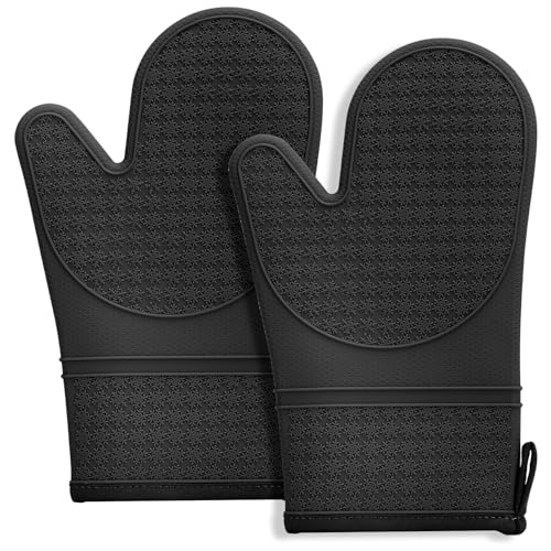 Silicone Oven Mitts - 11.6" Heat Resistant Baking Gloves with Cotton Lining