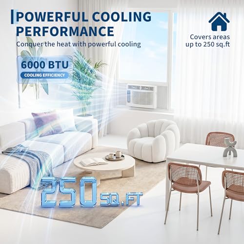 6000 BTU Window Air Conditioner for Rooms up to 250 Sq Ft with Remote Control