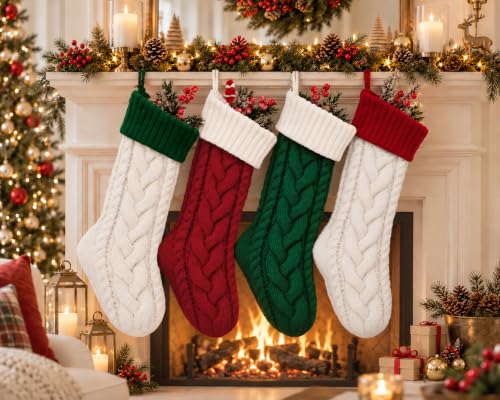 Edoneery 18 Inch Christmas Stockings, 4 Pack – Red/Green/White Ivory Cable Knit