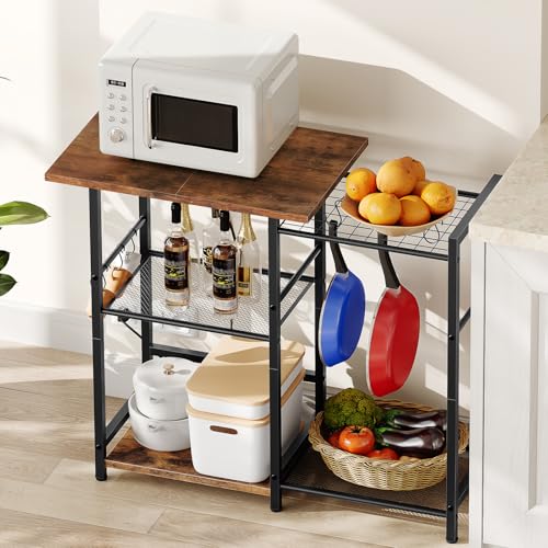 Bakers Rack with Power Outlet, Microwave Stand and Coffee Bar with 6 Hooks