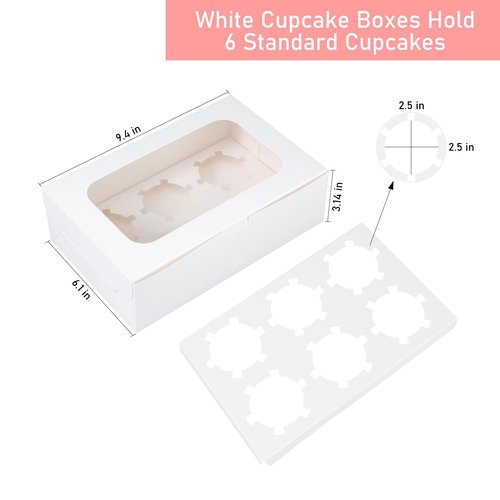 fwipiyo 50 Packs Cupcake Boxes,9.4x6.1x3.14 Inches 6 Count Cupcake Box,White Cupcake Containers with Clear Window and Six Treat Holder,Pastry and Cookie Boxes,Bakery Boxes