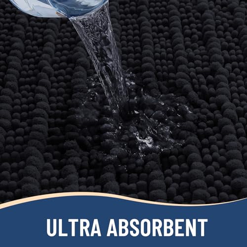 Arotive Black Bathroom Rug 24x16 - Soft Absorbent Chenille Shaggy Mat