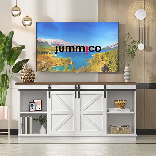 Farmhouse TV Stand with Sliding Barn Doors for 65 Inch TVs, White