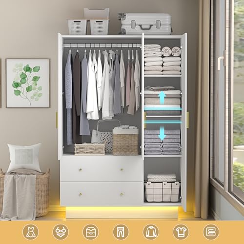 3-Door Wardrobe Closet with Mirror, LED Lights, and Storage Drawers