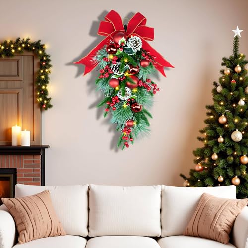 24-Inch Pre-Lit Christmas Teardrop Swag with Fairy Lights & Pine Cones