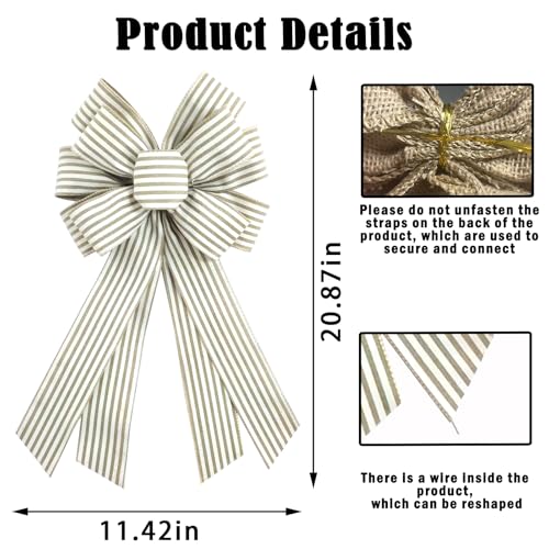 Natural Burlap Wreath Bow - 20x11 Inch Light Khaki Striped Ribbon Decor