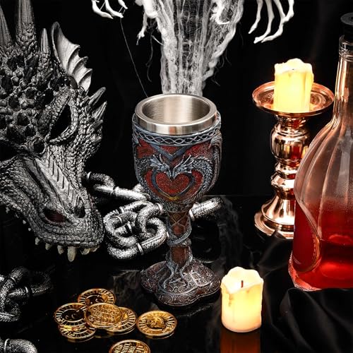 Set of 2 Medieval Dragon Wine Goblets - 7 oz Gothic Stainless Steel Chalice