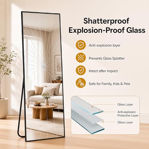 Full Length Floor Mirror with Stand, 56" x 14" Black Aluminum Frame Mirror