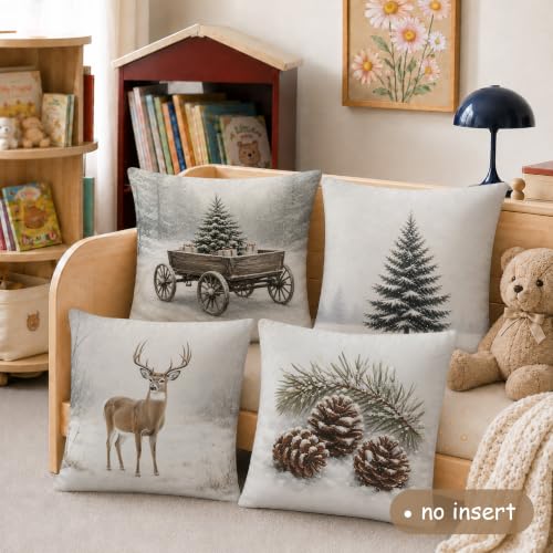 Jeconh Christmas Tree Reindeer Pine Cone Throw Pillow Cover 18x18 Set of 4