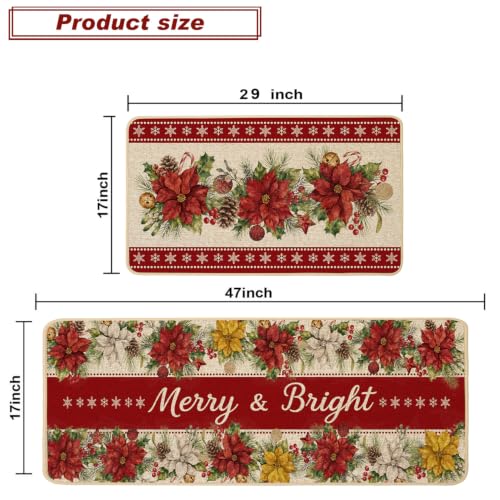 Christmas Poinsettia Kitchen Rugs Set - Merry Bright Holiday Decor, 17x29 & 17x47 Inches