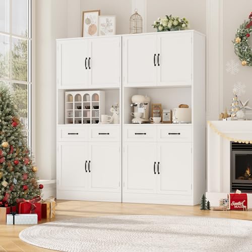 71" Tall Kitchen Pantry Cabinet with Microwave Counter & Drawers - White