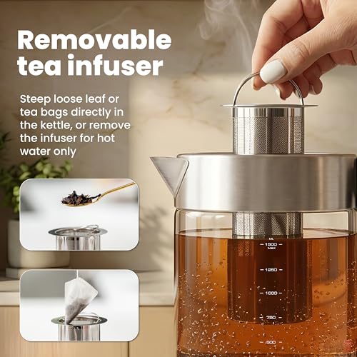 1.5L Electric Tea Kettle with Infuser, Glass & Stainless Steel, No Plastic