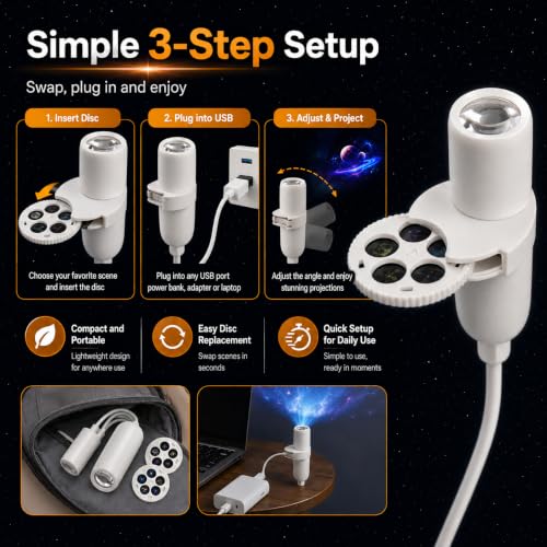 LED Galaxy Star Projector with 15 Interchangeable Scenes & Flexible Neck