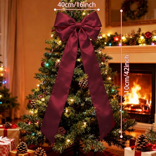 Large Satin Christmas Tree Topper Bow – Wine Red Velvet, 16in Ribbon