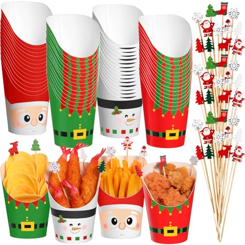 Jingmore 320 Pcs Christmas Disposable Charcuterie Cups & Bamboo Picks Set - 14 oz Cups, 4 Styles, Santa Snowman Pattern