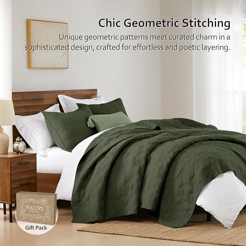 WDCOZY 100% Cotton King Size Quilt Set - Olive Green Lightweight Bedspread