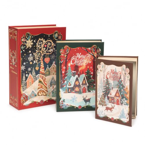 AELS 3-Piece Christmas Decorative Book Boxes with Hidden Storage – 8.3in, 7.1in, 5.9in