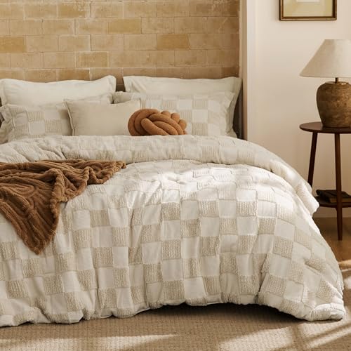 Queen Comforter Set Beige Boho Farmhouse Checkered Bedding, 3 Pieces