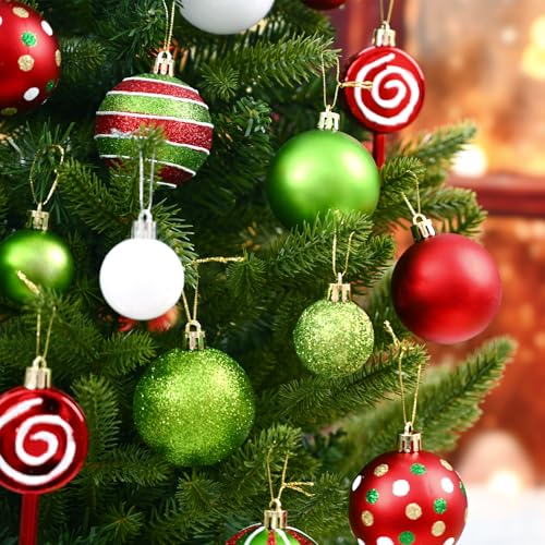 94Pcs Christmas Ornament Set - Red & Green Holiday Tree Decorations with Faux Fur Ribbon