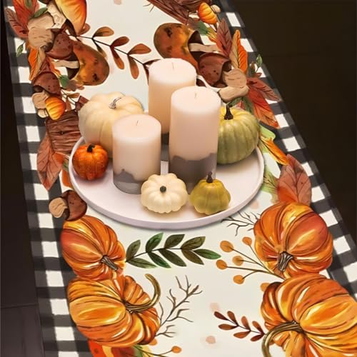Farmhouse Thanksgiving Table Runner 13x72 Inch with Golden Leaves – Plaid Leaf Decor