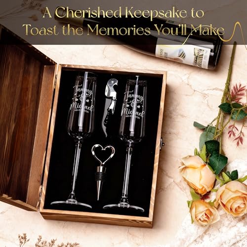 Personalized Champagne Flutes Set with Wooden Box - Engraved Names & Date, Wedding Gift