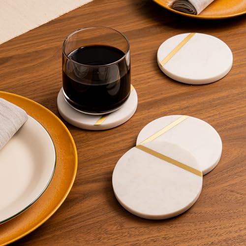 Marble & Gold Brass Inlay Coasters Set of 6 | Elegant White Drink Coasters