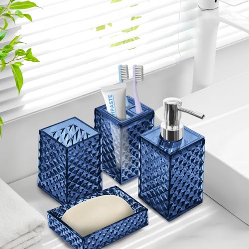 4-Piece Blue Bathroom Accessory Set with Diamond Pattern Design
