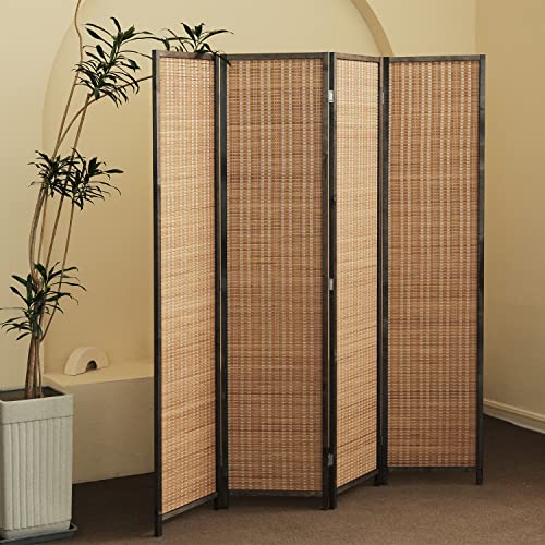 Furnnylane Brown 4-Panel Bamboo Room Divider - 5.6 ft Tall Folding Privacy Screen