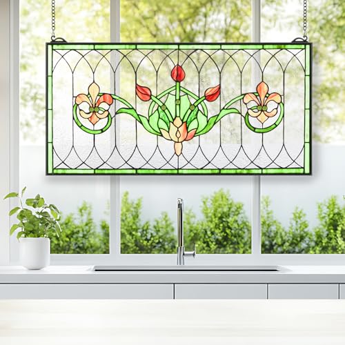 32"x16" Handcrafted Stained Glass Transom Window Panel - Floral Design