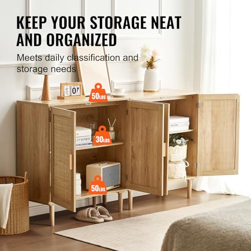 Rattan Buffet Cabinet with 4 Magnetic Doors and Adjustable Shelves