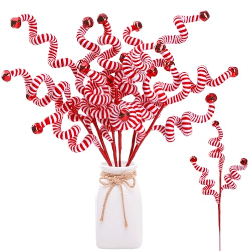 Sggvecsy Red Christmas Candy Cane Woolen Bell Decor - 6 pcs Holiday Tree Picks