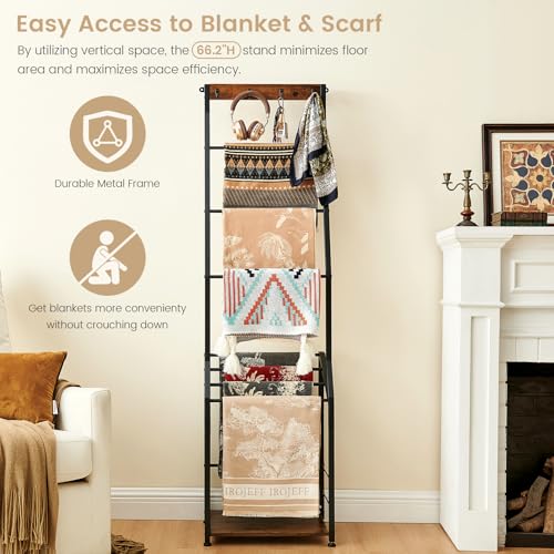 7-Tier Blanket Ladder Shelf with Hooks, Rustic Wooden Towel Rack for Storage