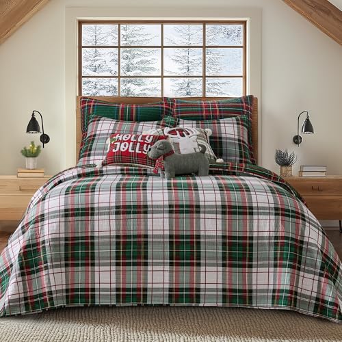 Spencer Plaid Full Bedspread - Reversible Cotton - 90x106in - Green Red White