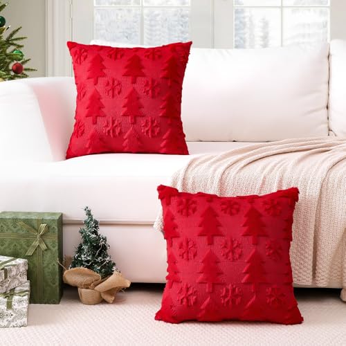 OTOSTAR 2-Pack Xmas Plush Wool Velvet Throw Pillow Covers 28x28 in Red Tree & Snowflake